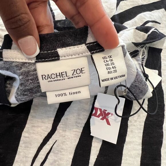 Rachel Zoe Women’s Linen Zebra Stripe Short Sleeve Top Black/White 1X - Picture 16 of 16